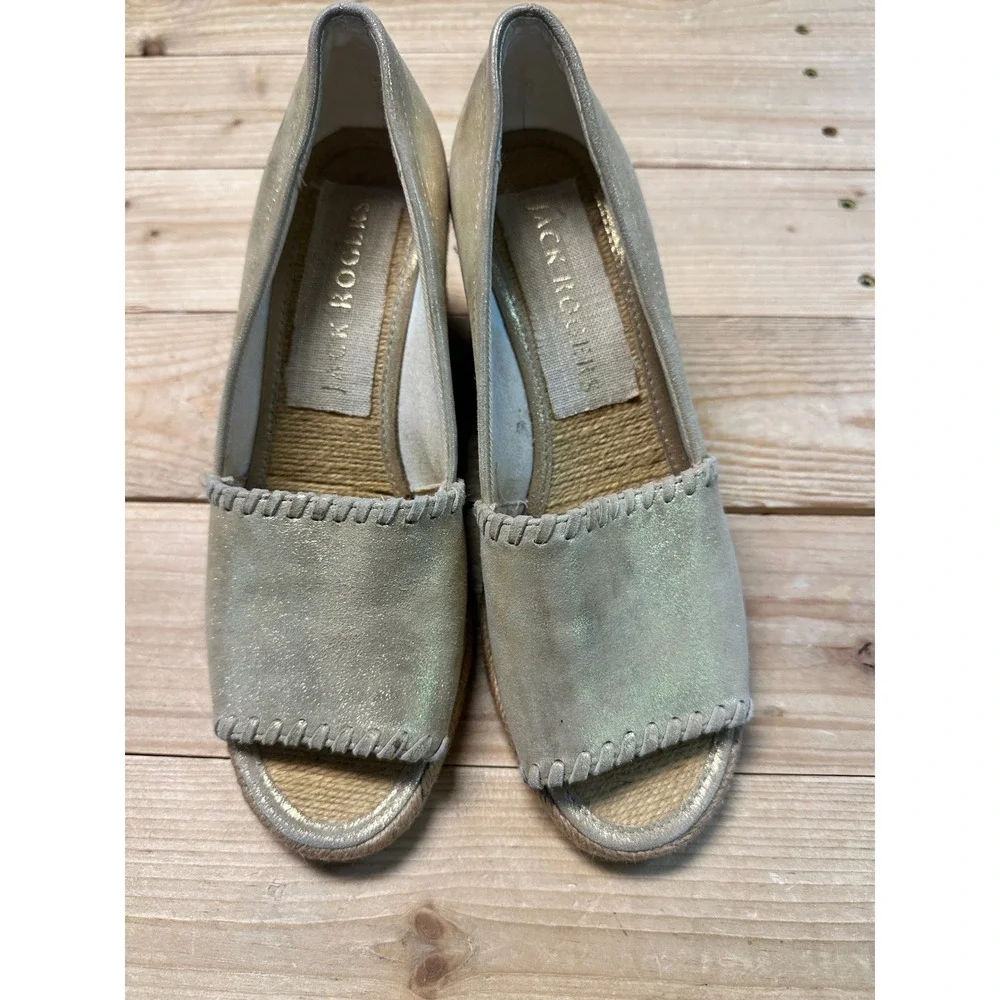 Jack Rogers‎ Metallic Gold Leather Espadrille Wedge Peep Toe Shoes Women Size 6